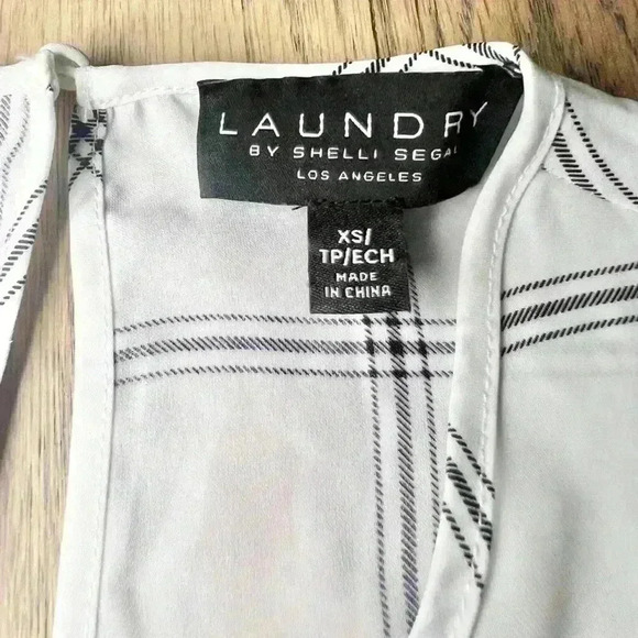 LAUNDRY BY SHELLI SEGAL Windowpane Check Blouse White Navy Blue Size X-Small - Picture 6 of 11